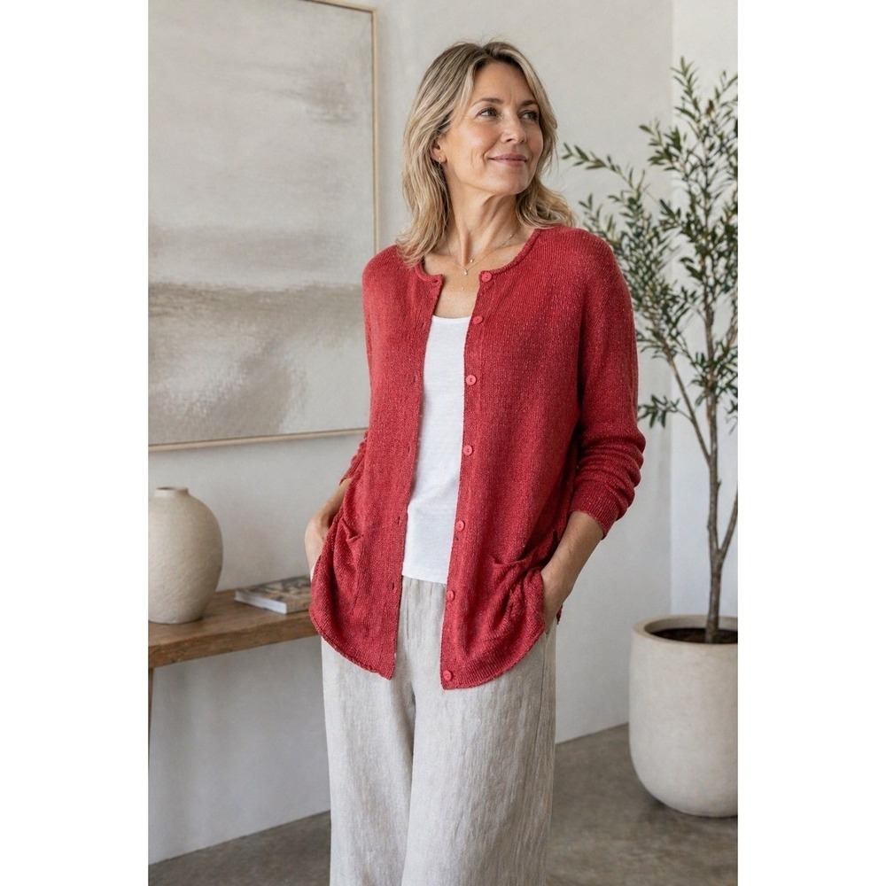 Eileen Fisher Cardigan‎ XL Silk Blend Red Button Front Lightweight Sweater